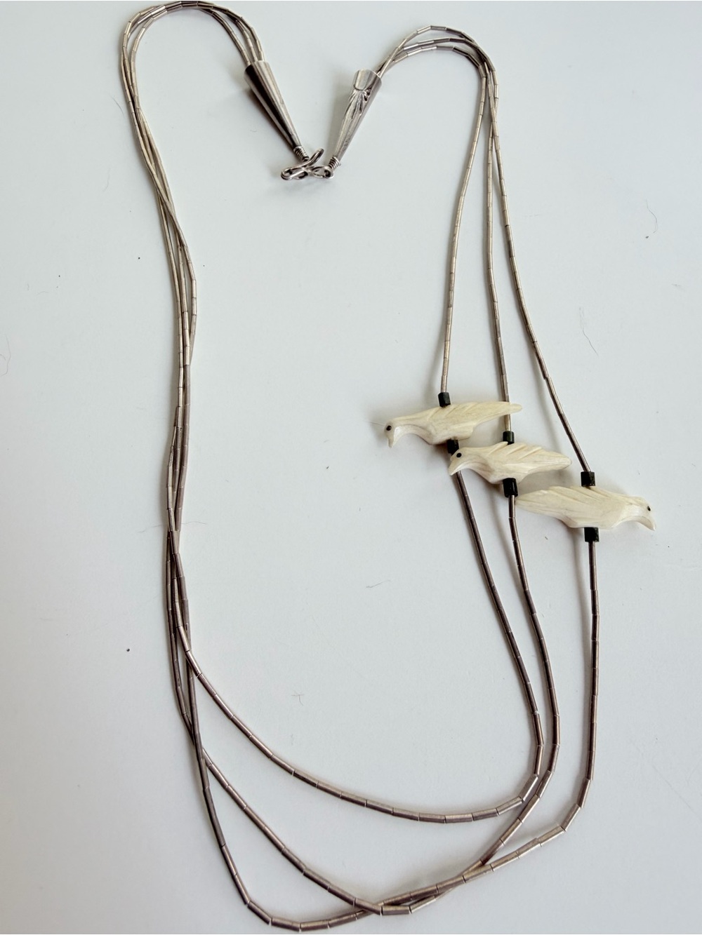 Vintage Navajo liquid silver bird fetish necklace